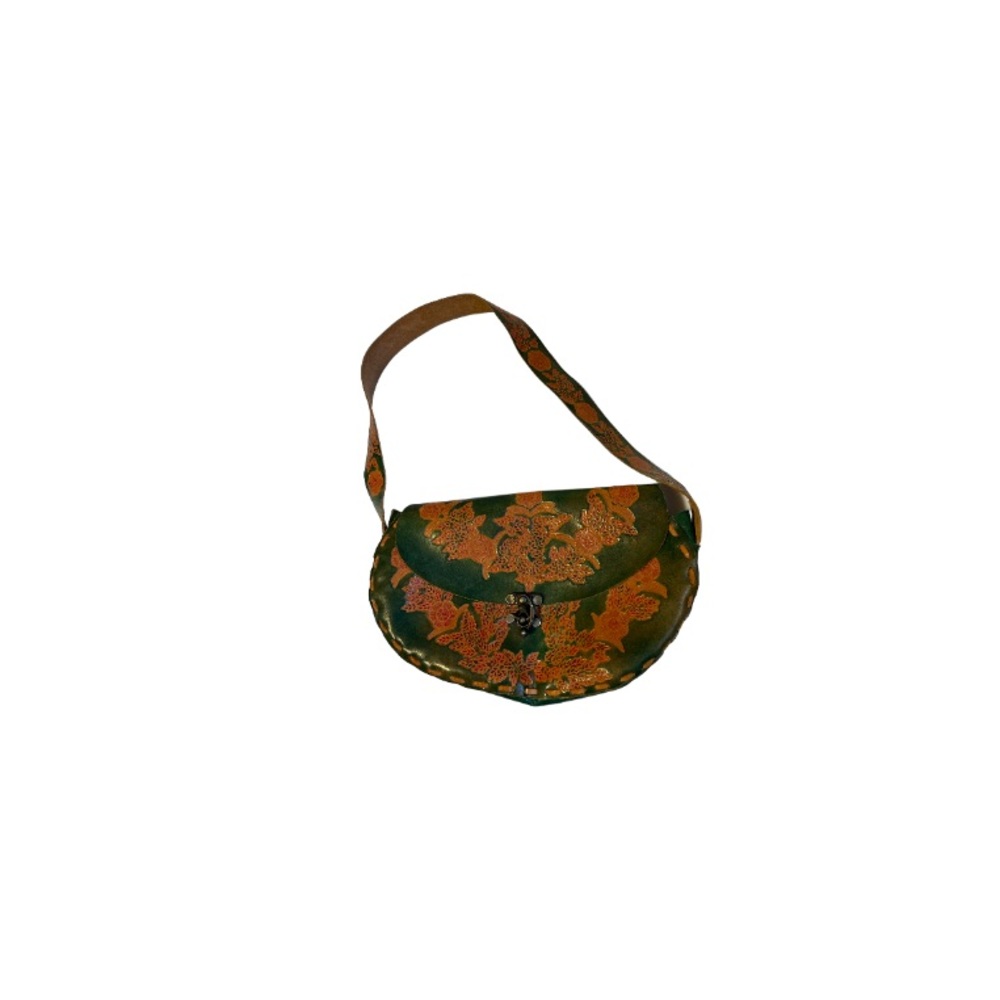 Handmade Hand Tooled Green, Red, and Caramel Leather Purse